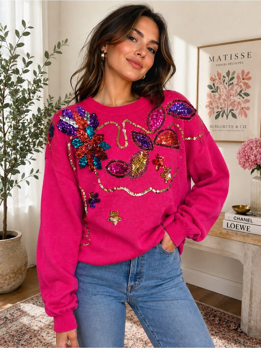 Vintage Christine Gerard Hot Pink Sequin Beaded Floral Sweater 80s Glam L